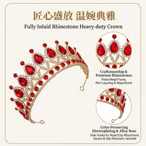 Elegant gold bridal tiara with red teardrop rhinestones and intricate floral details