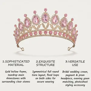 Elegant pink teardrop rhinestone tiara with gold frame for weddings and proms accessories