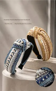 Detailed close-up of a handcrafted ethnic knotted headband with pearl and bead embellishments