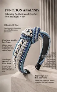 Detailed close-up view of ethnic blue knotted headband with pearls and sparkling rhinestones