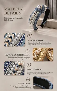 Detailed view of ethnic knotted headband featuring woven fabric, sequins and faux pearls