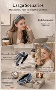 Ethnic style knotted headband with blue rhinestones and pearls for versatile daily wear