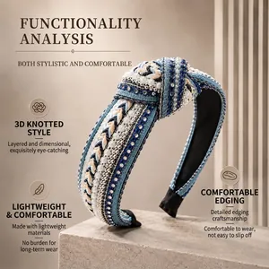Ethnic style blue knotted headband featuring elegant pearl and rhinestone embellishments