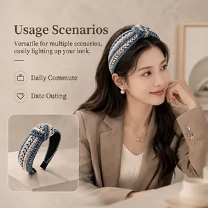 Elegant ethnic style knotted headband with pearls and rhinestones for daily hair styling