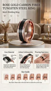 Detail view of 8mm rose gold tungsten steel ring with black carbon fiber inlay and size guide