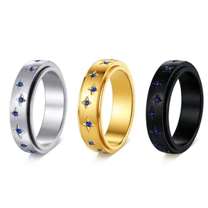 Roestvrij Staal Ster Blauwe Strass Spinner Ring Roterende Angstverlichting Sterrenbeeld Band Mode Sieraden Unisex Ring