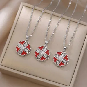 Rotating Flower Pendant Necklace Stainless Steel Red Enamel White Zircon Elegant Fashion Jewelry For Women
