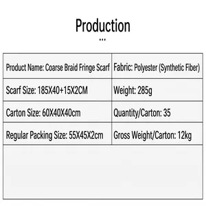 Specification chart for thick braid tassel scarf showing fabric material and dimensions