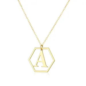 Minimalist Copper Hexagon Initial Letter Necklace Gold Plated Alphabet Pendant For Women Daily Fashion Jewelry Accessory