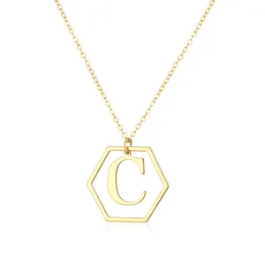 Elegant gold hexagonal pendant necklace featuring the letter C with O-link chain