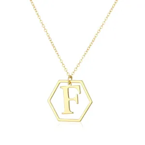 Elegant gold plated hexagon pendant necklace featuring letter F initial on delicate O-chain