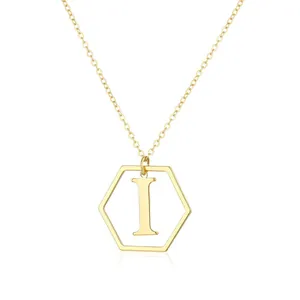 Elegant hexagonal pendant necklace featuring gold letter I initial on classic O-style chain