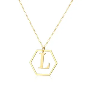 Gold geometric hexagonal necklace with uppercase letter L pendant on O-link chain