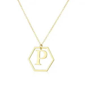 Gold hexagonal pendant necklace featuring a minimalist capital letter P design.