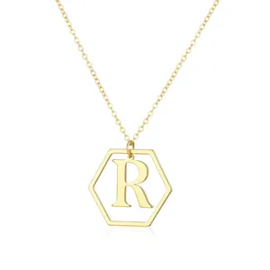 Elegant gold plated hexagonal initial necklace featuring the letter R on a delicate O-chain
