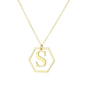 Elegant gold-plated hexagonal initial necklace with letter S pendant on O-chain link