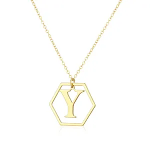 Elegant hexagonal gold initial necklace with cutout letter Y on dainty O-link chain