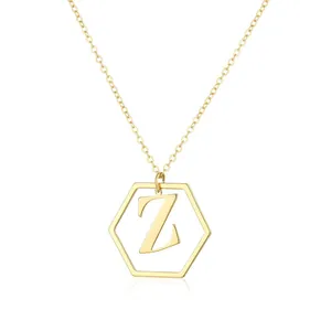 Gold-plated geometric hexagonal necklace featuring initial letter Z pendant charm