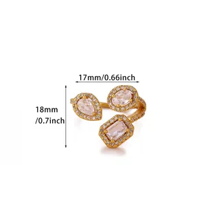 Dimensions for the 18K gold plated open ring featuring multi-shaped clear zircon stones
