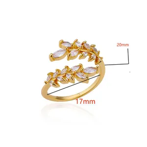 Macro view of 18K gold plated leaf ring with cubic zirconia and size dimensions