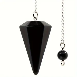 Péndulo de cristal de obsidiana negra pulida en forma de cono con cadena de metal plateada