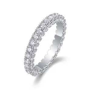 Detailed close-up of a shimmering S925 silver eternity ring set with moissanite