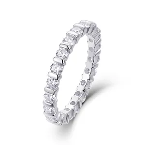 Detailed macro view of S925 silver Moissanite eternity ring with round cut stones