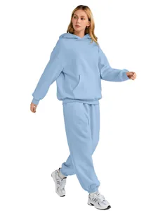 Detailed view of the light blue oversized hoodie and matching sweatpants set for women