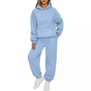 Women Top And Bottom Casual Hoodie And Jogger Pants Set Solid Color Loose Fit Sportswear Warm Sweatsuit