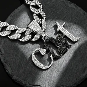 Hip hop iced out CAT letter pendant necklace with silver cuban link chain for men