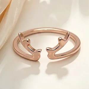Antler Open Ring Stainless Steel Rose Gold Plated Adjustable Minimalist Reindeer Deer Horn Finger Ring For Women Jewelry Gift