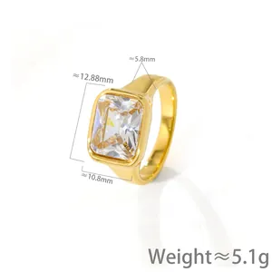 Detailed view of gold titanium steel ring with emerald-cut stone and dimensions