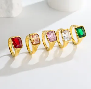 Detailed view of five multi-colored square crystal rings featuring gold plating finish