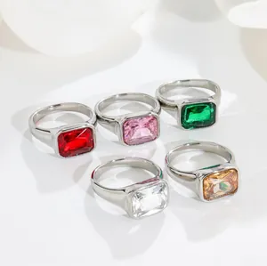 Detail view of five titanium steel rings featuring large rectangular gemstones in multi-colors