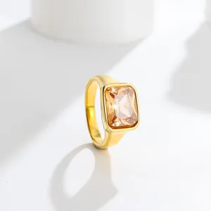 Close-up of elegant gold plated stainless steel ring featuring a large rectangular champagne zircon