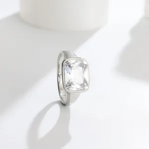Detailed view of an elegant square clear cubic zirconia ring set in polished silver steel