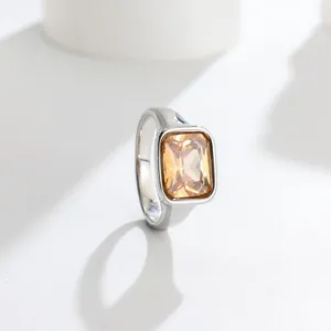 Close-up detail of an elegant silver ring featuring a large rectangular champagne gemstone.