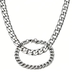 Detailed view of silver stainless steel Cuban link necklace and bracelet set for men