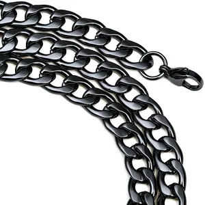 Close-up of black titanium steel Cuban link chain with glossy finish and lobster clasp