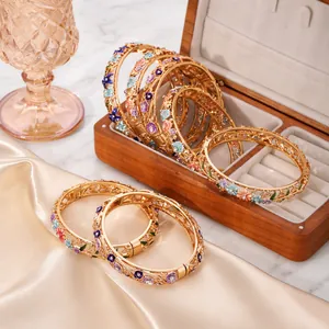 Vintage Hollow Out Enamel Flower Bangle Stainless Steel 18K Gold Plated Cloisonne Floral Bracelet For Women Ethnic Style Jewelry