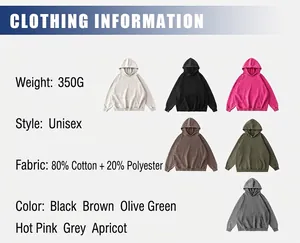 Detailed product specifications and color options for 350g vintage distressed hooded sweatshirts