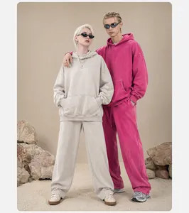 Oversized vintage washed hoodie and sweatpants set in beige and magenta colors