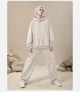 Full view of oversized vintage washed distressed hoodie and sweatpants in sand
