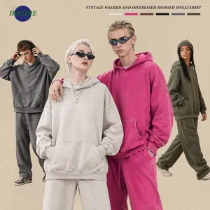 Oversized 360g vintage washed and distressed hooded sweatshirt for men and women
