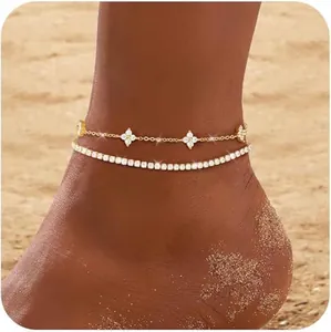 Edelstahl Vergoldet Lagen-Design Kleeblatt Zirkonia Tennis-Kette Fußkettchen Für Damen Sommer Strand Urlaub Schmuck