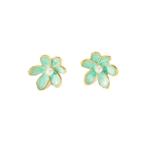 Elegant mint green enamel flower stud earrings with pearl center in gold-tone finish