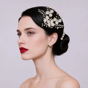 Pinces à Cheveux Mariée Fleurs en Acrylique Blanc Avec Künstliche Perles Strass Coiffe Élégante Feuille Or Argent Femme Mariage