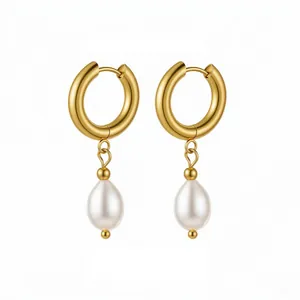 Elegant gold plated hoop earrings featuring white teardrop freshwater pearl drops