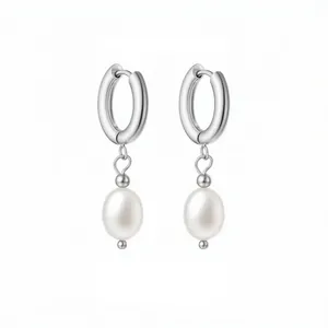 Silver-toned minimalist hoop earrings featuring elegant white freshwater pearl drops