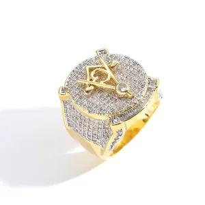 Hip Hop Masonic Ring For Men Retro Gold Silver Plated Copper Micro Pave Cubic Zirconia Iced Out Masonic Symbol Ring Jewelry